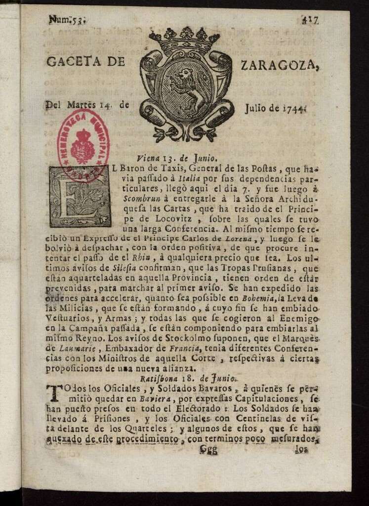Miniatura de Gazeta de Zaragoza del 14 de julio de 1744
