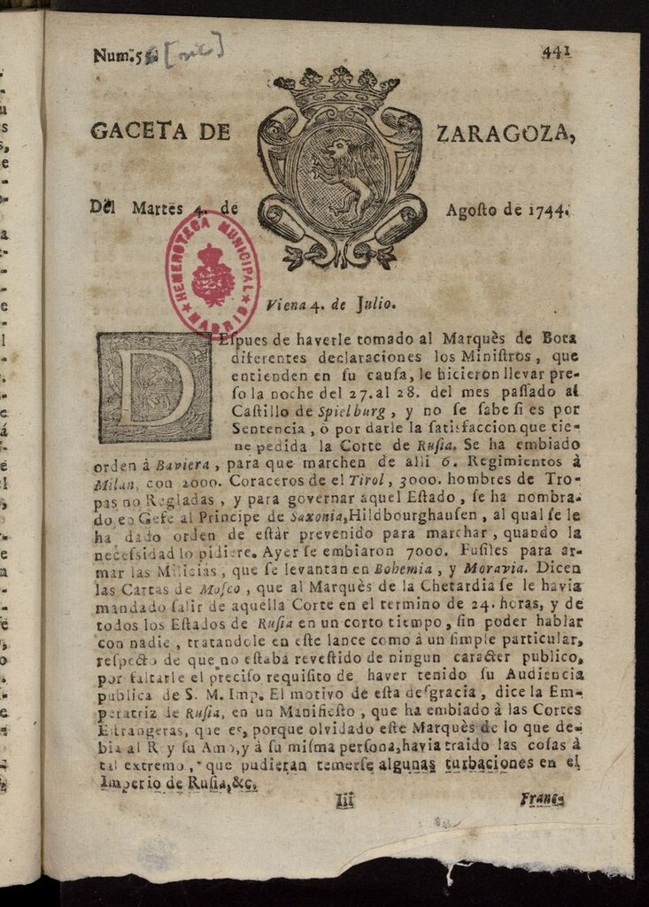 Miniatura de Gazeta de Zaragoza del 4 de agosto de 1744