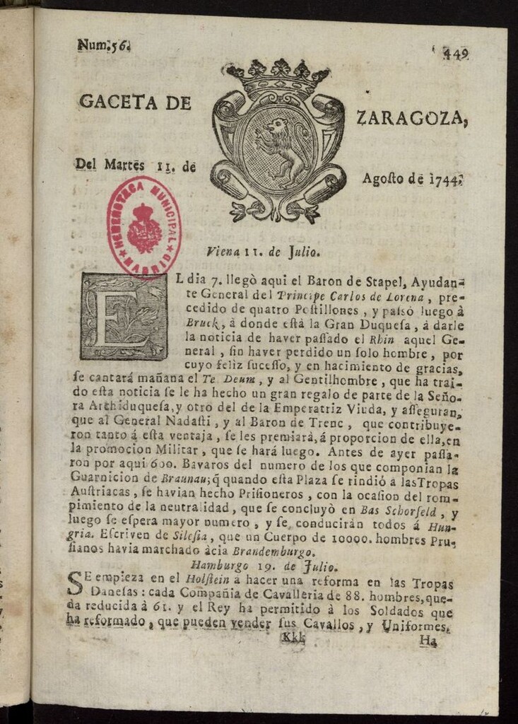 Miniatura de Gazeta de Zaragoza del 11 de agosto de 1744