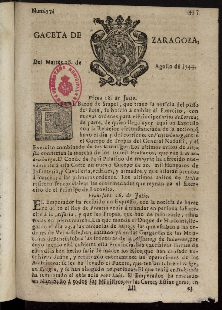 Miniatura de Gazeta de Zaragoza del 18 de agosto de 1744