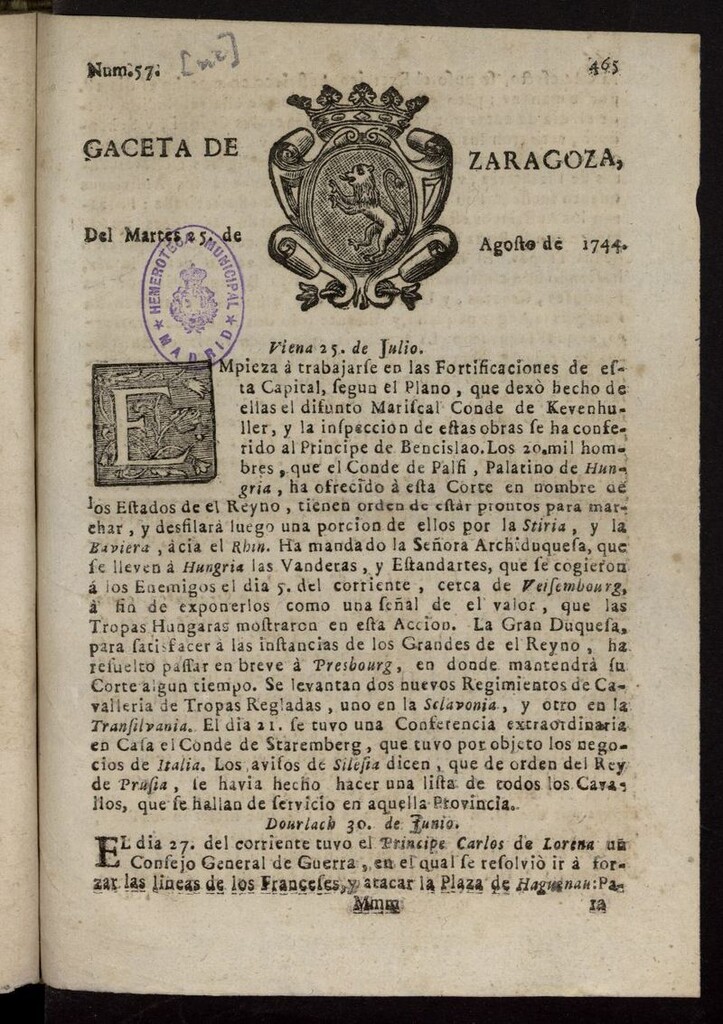 Miniatura de Gazeta de Zaragoza del 25 de agosto de 1744