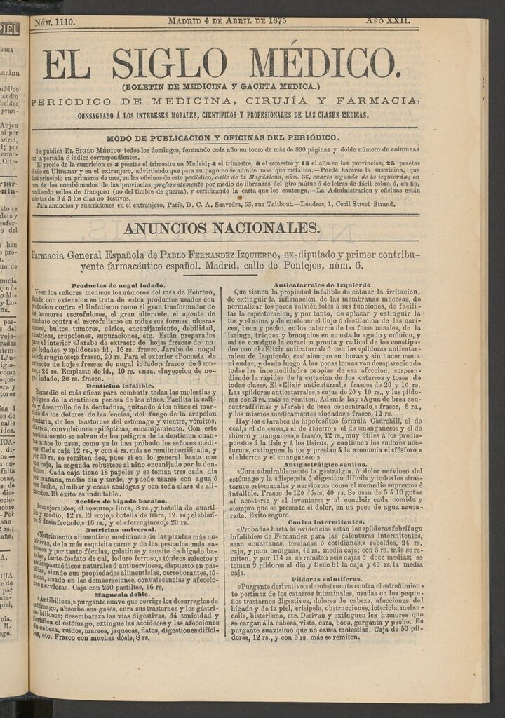 Miniatura de El Siglo Médico: boletín de medicina y gaceta médica del 4 de abril de 1875