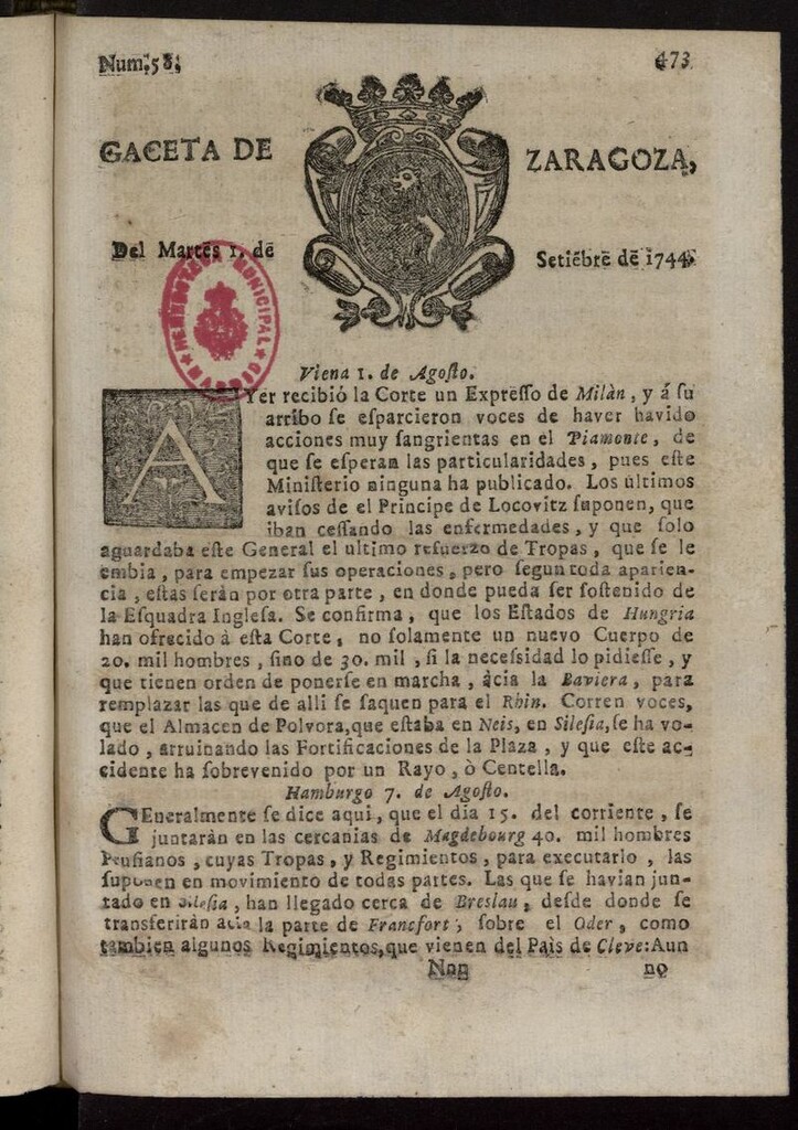 Miniatura de Gazeta de Zaragoza del 1 de septiembre de 1744