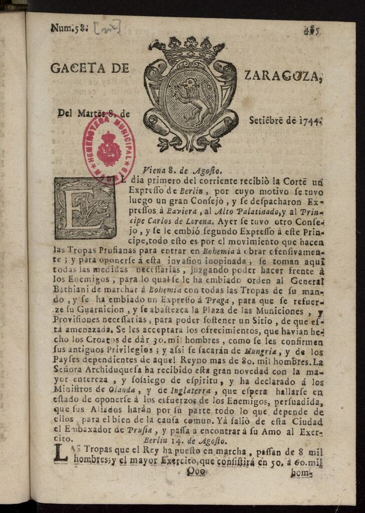 Miniatura de Gazeta de Zaragoza del 8 de septiembre de 1744