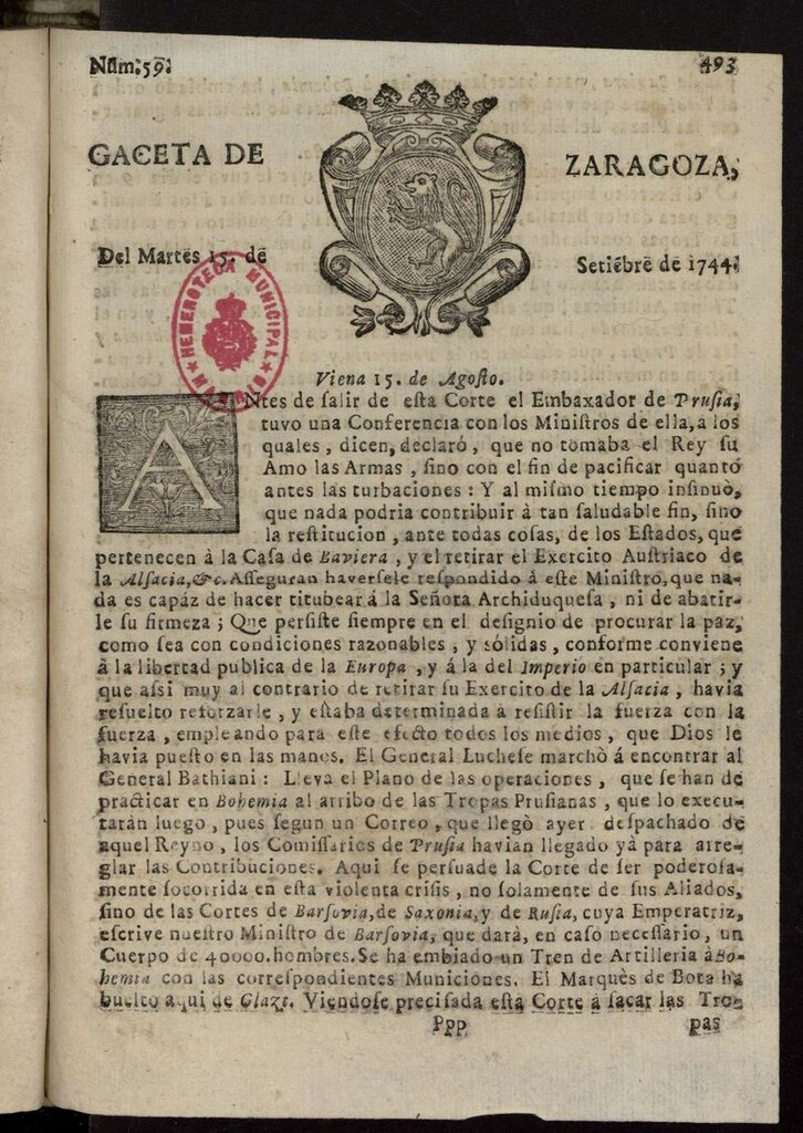 Miniatura de Gazeta de Zaragoza del 15 de septiembre de 1744