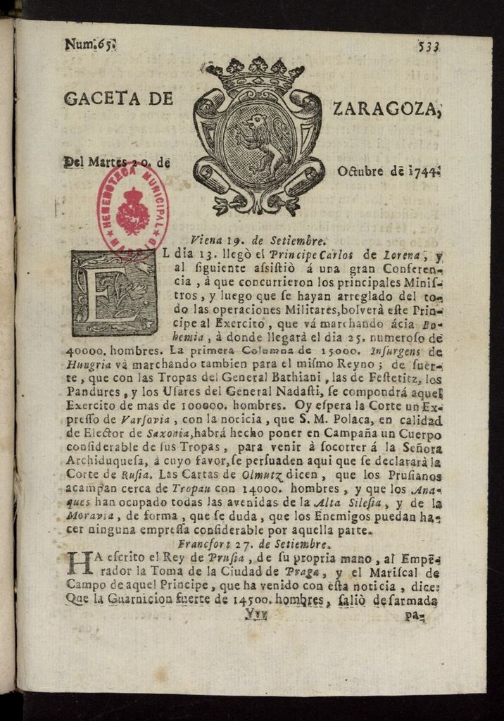 Miniatura de Gazeta de Zaragoza del 20 de octubre de 1744