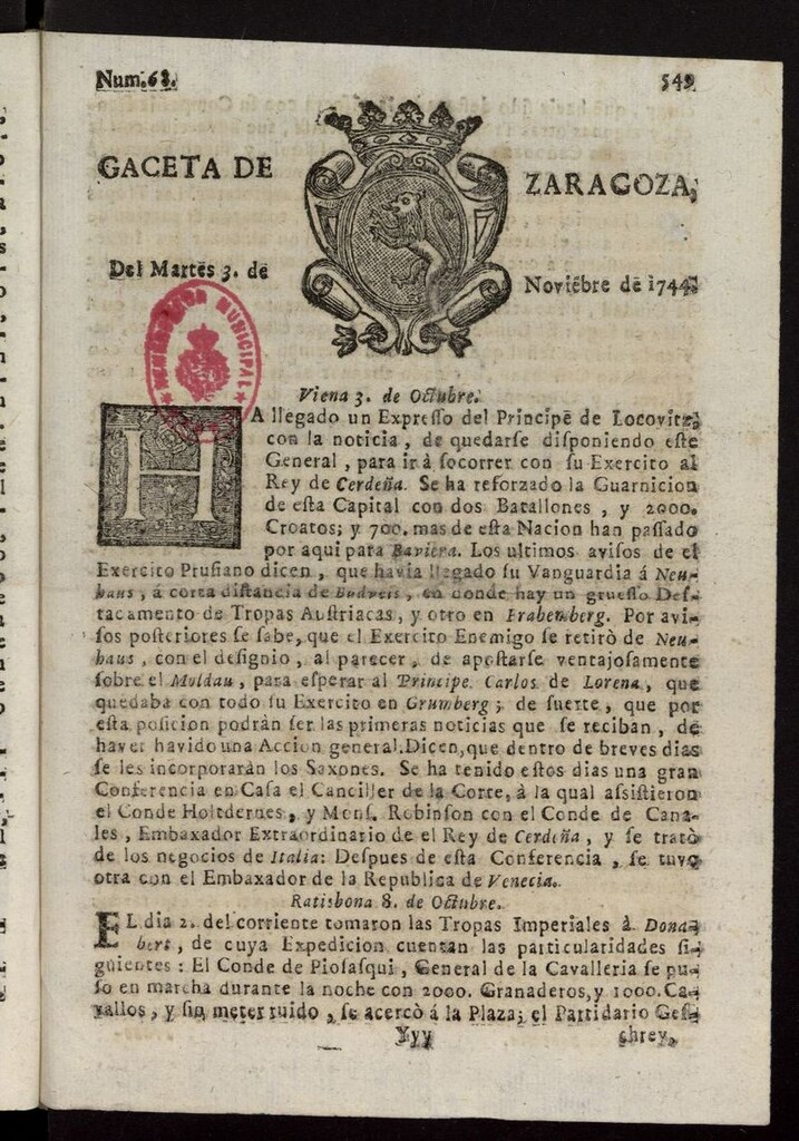 Miniatura de Gazeta de Zaragoza del 3 de noviembre de 1744