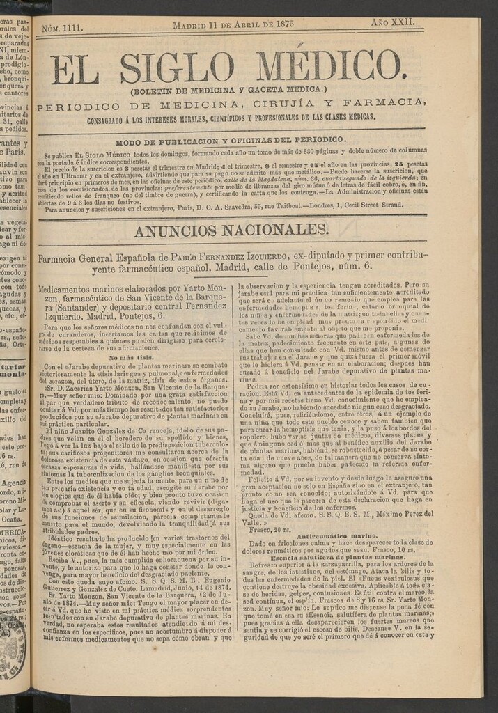 Miniatura de El Siglo Médico: boletín de medicina y gaceta médica del 11 de abril de 1875