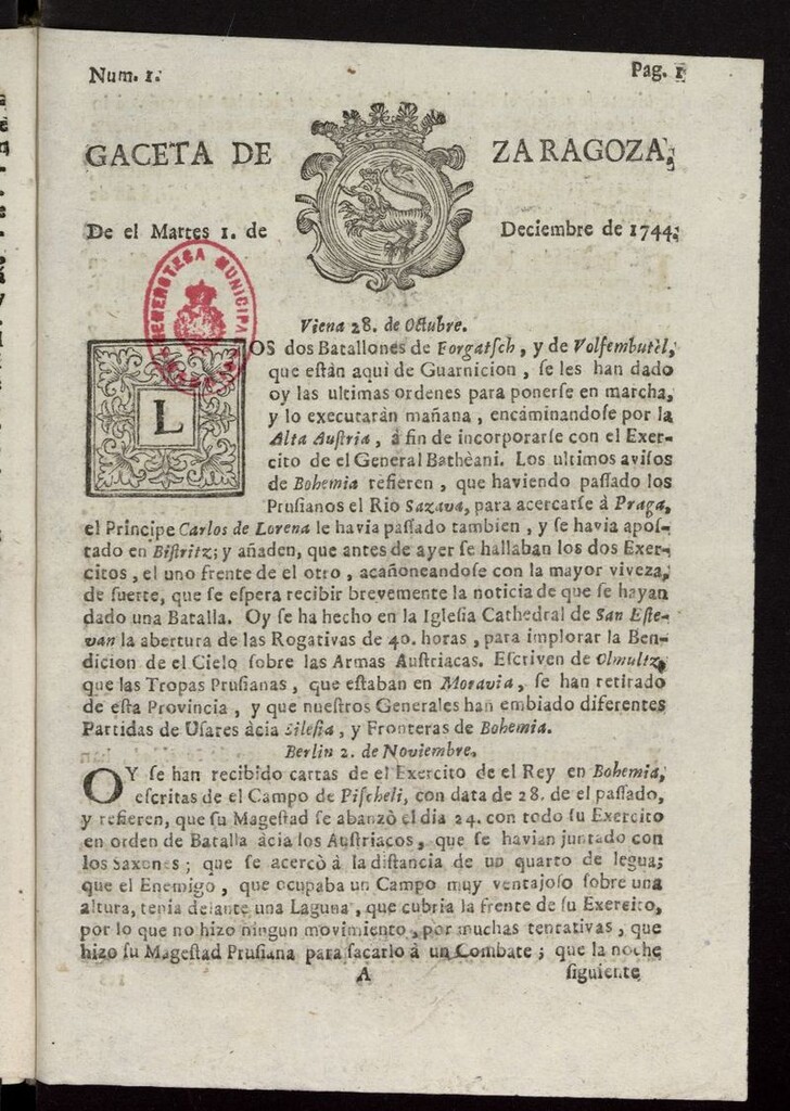 Miniatura de Gazeta de Zaragoza del 1 de diciembre de 1744