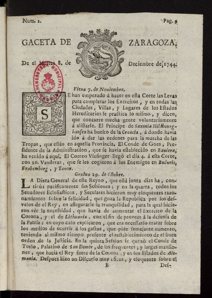 Miniatura de Gazeta de Zaragoza del 8 de diciembre de 1744