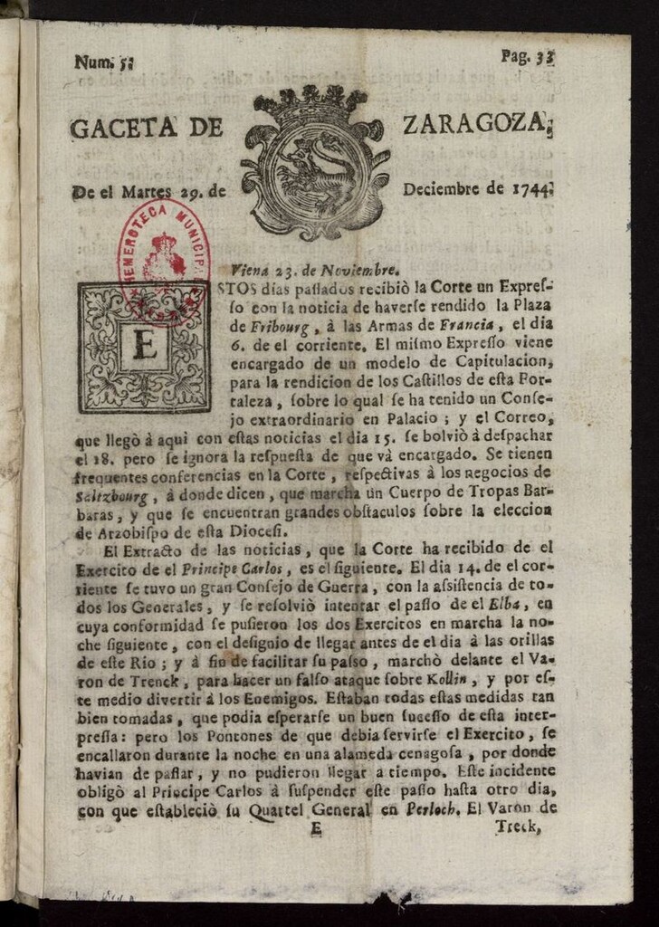 Miniatura de Gazeta de Zaragoza del 29 de diciembre de 1744