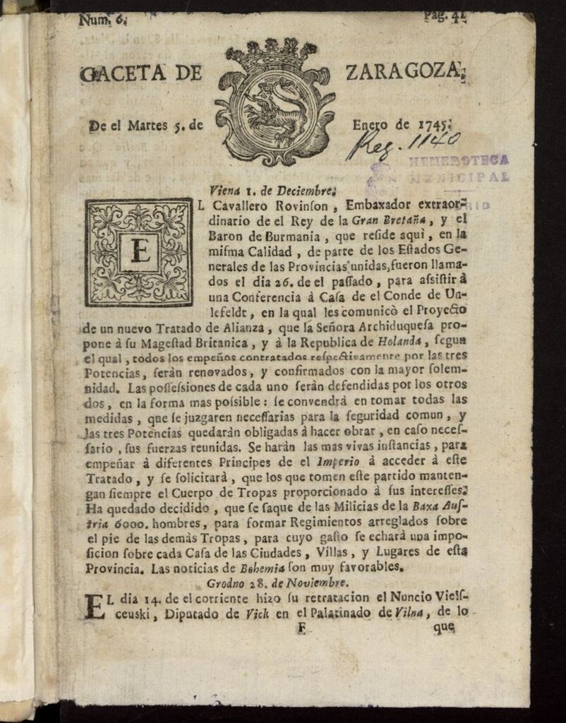Miniatura de Gazeta de Zaragoza del 5 de enero de 1745