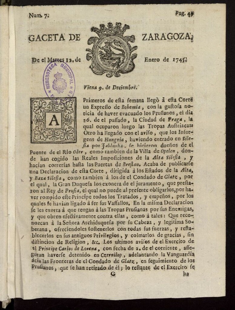 Miniatura de Gazeta de Zaragoza del 12 de enero de 1745