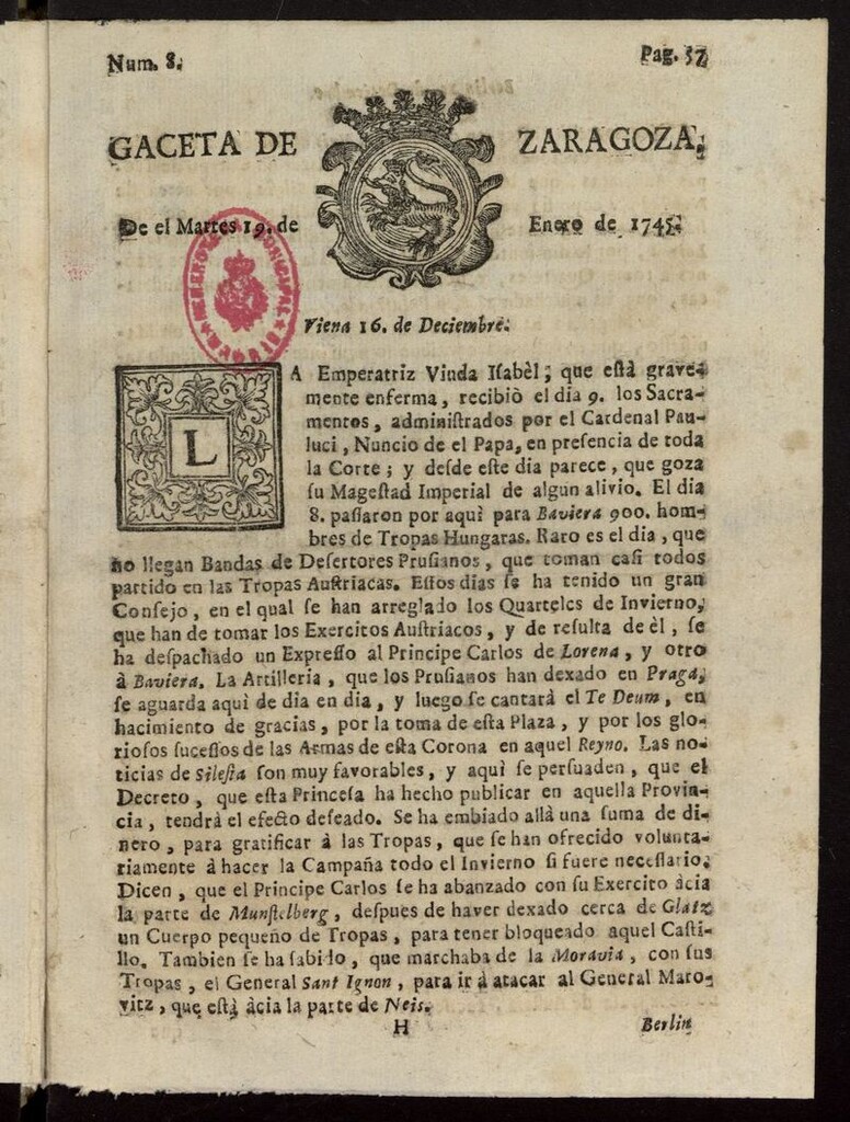 Miniatura de Gazeta de Zaragoza del 19 de enero de 1745