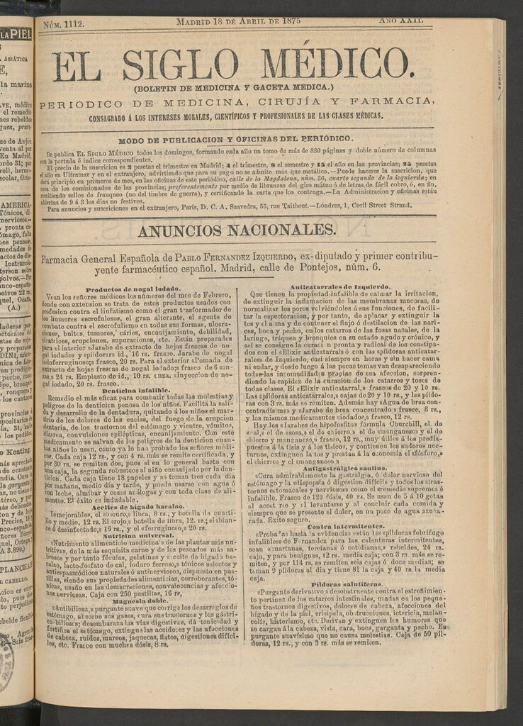 Miniatura de El Siglo Médico: boletín de medicina y gaceta médica del 18 de abril de 1875