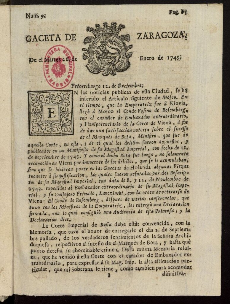 Miniatura de Gazeta de Zaragoza del 26 de enero de 1745