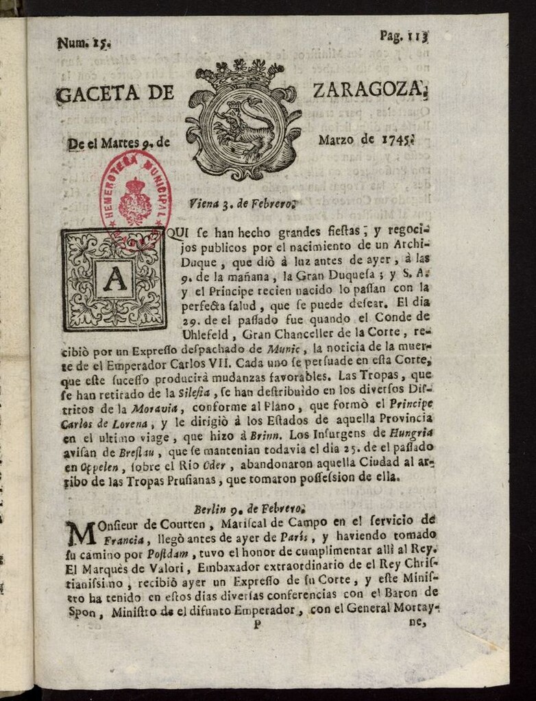 Miniatura de Gazeta de Zaragoza del 9 de marzo de 1745