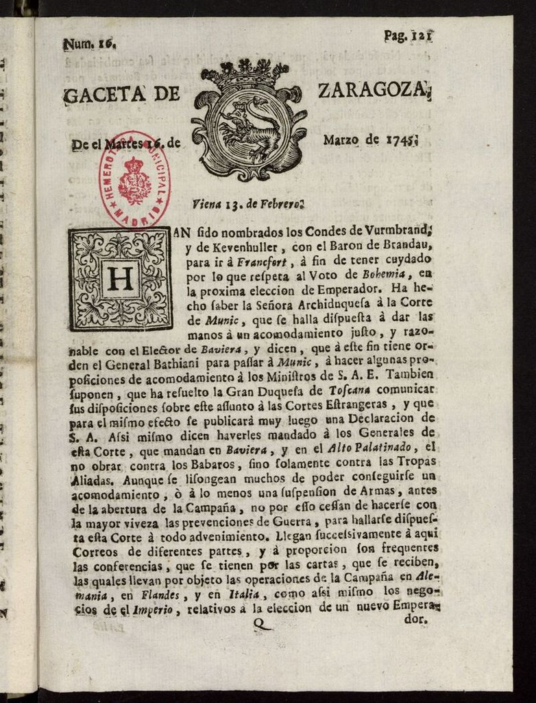 Miniatura de Gazeta de Zaragoza del 16 de marzo de 1745