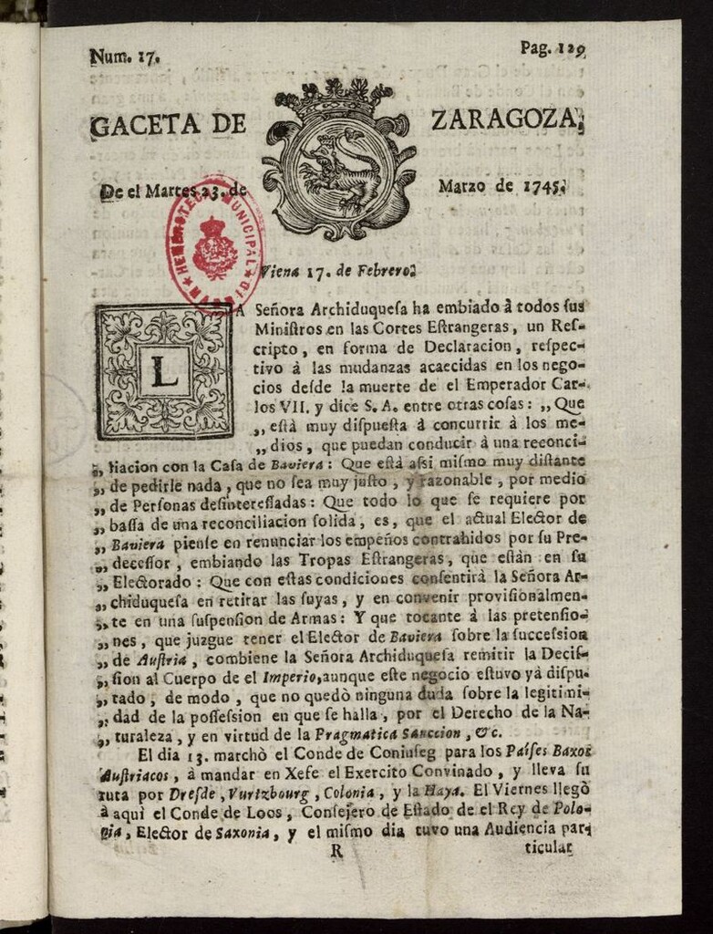 Miniatura de Gazeta de Zaragoza del 23 de marzo de 1745
