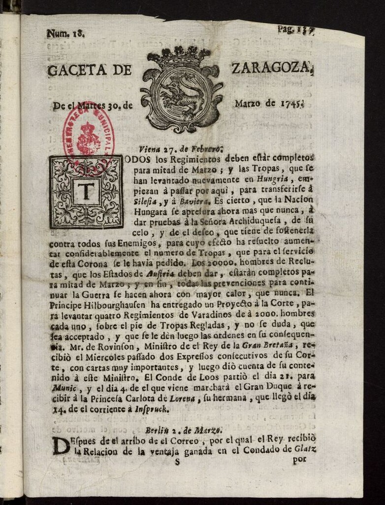 Miniatura de Gazeta de Zaragoza del 30 de marzo de 1745