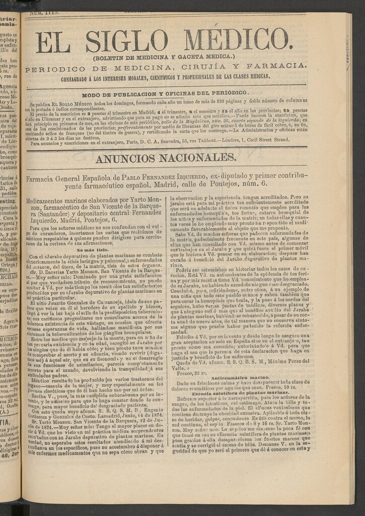 Miniatura de El Siglo Médico: boletín de medicina y gaceta médica del 25 de abril de 1875