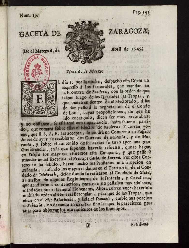 Miniatura de Gazeta de Zaragoza del 6 de abril de 1745