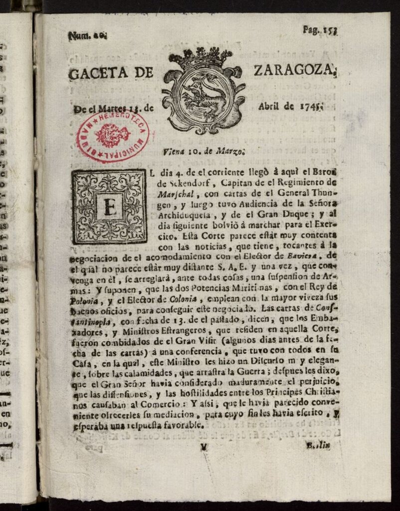 Miniatura de Gazeta de Zaragoza del 13 de abril de 1745