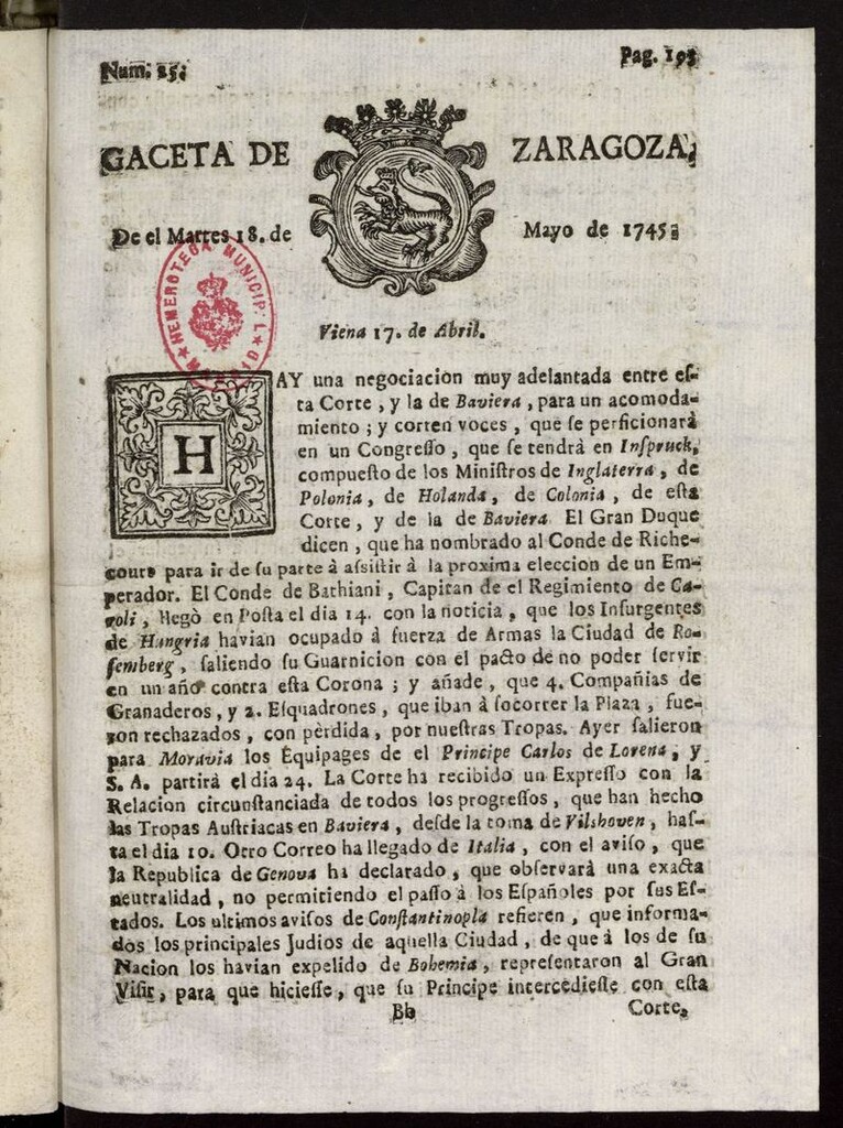 Miniatura de Gazeta de Zaragoza del 18 de mayo de 1745