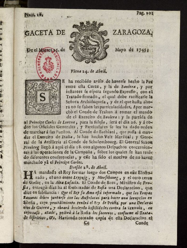 Miniatura de Gazeta de Zaragoza del 25 de mayo de 1745