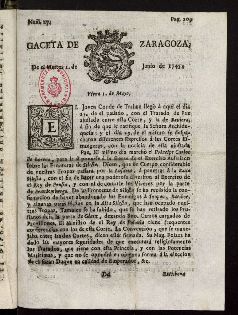 Miniatura de Gazeta de Zaragoza del 1 de junio de 1745