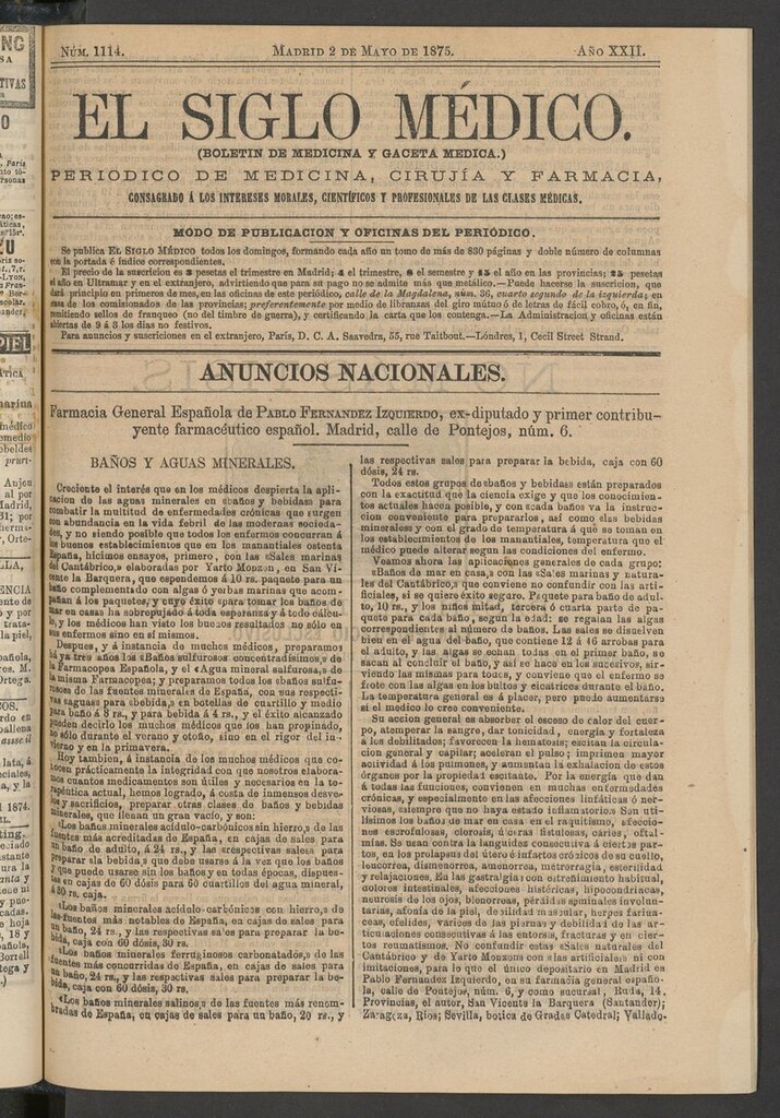 Miniatura de El Siglo Médico: boletín de medicina y gaceta médica del 2 de mayo de 1875