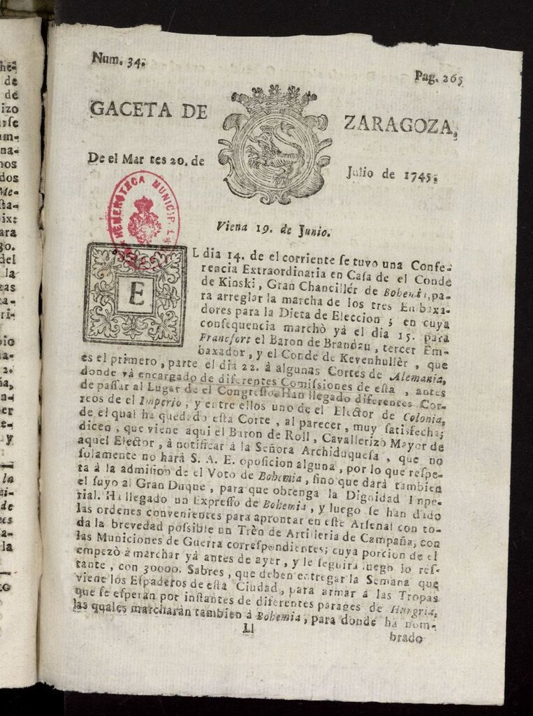 Miniatura de Gazeta de Zaragoza del 20 de julio de 1745