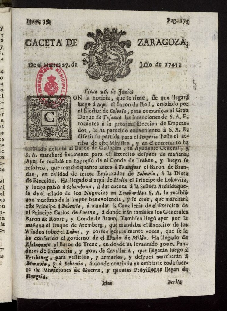 Miniatura de Gazeta de Zaragoza del 27 de julio de 1745