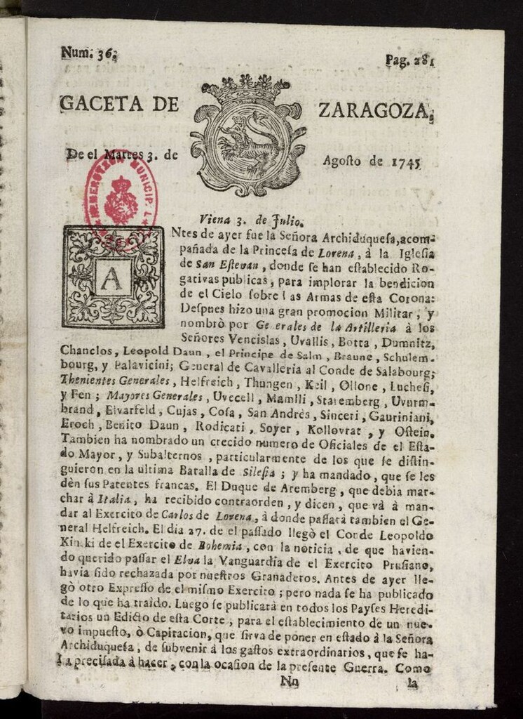 Miniatura de Gazeta de Zaragoza del 3 de agosto de 1745