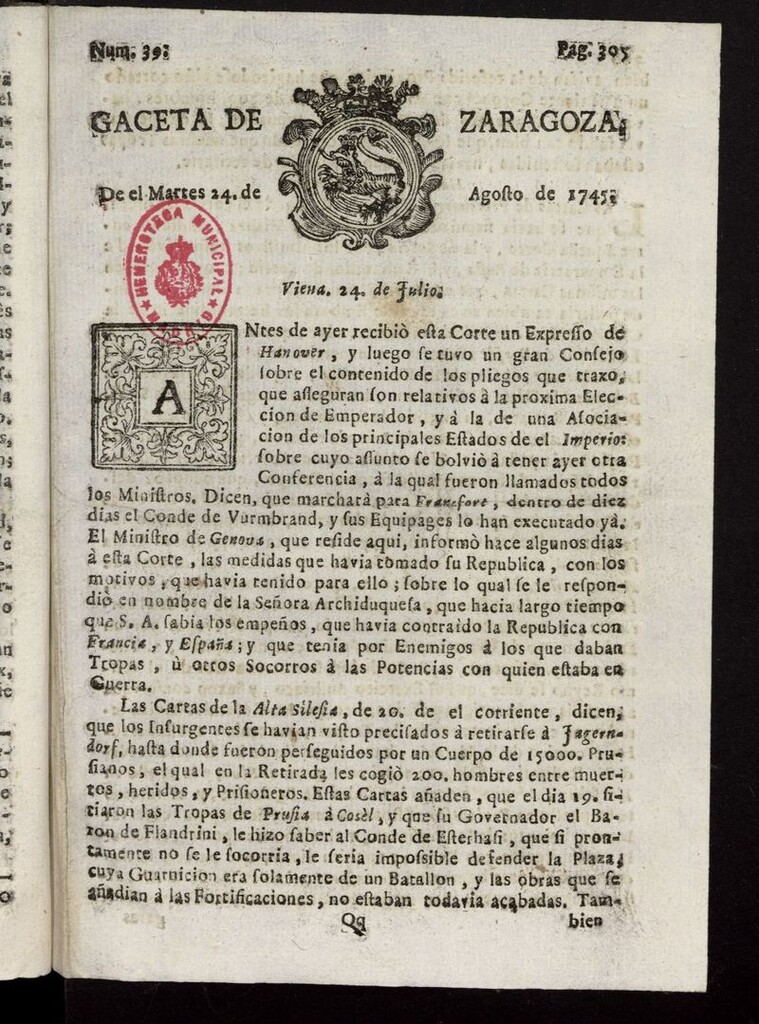Miniatura de Gazeta de Zaragoza del 24 de agosto de 1745