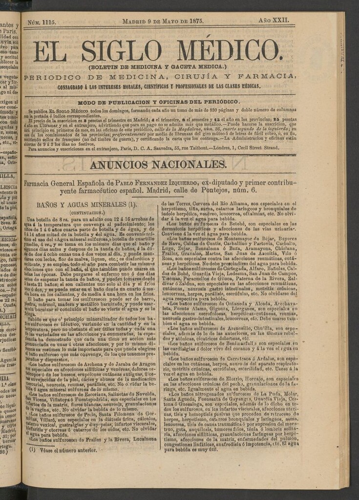 Miniatura de El Siglo Médico: boletín de medicina y gaceta médica del 9 de mayo de 1875