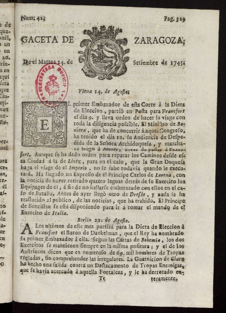 Miniatura de Gazeta de Zaragoza del 14 de septiembre de 1745