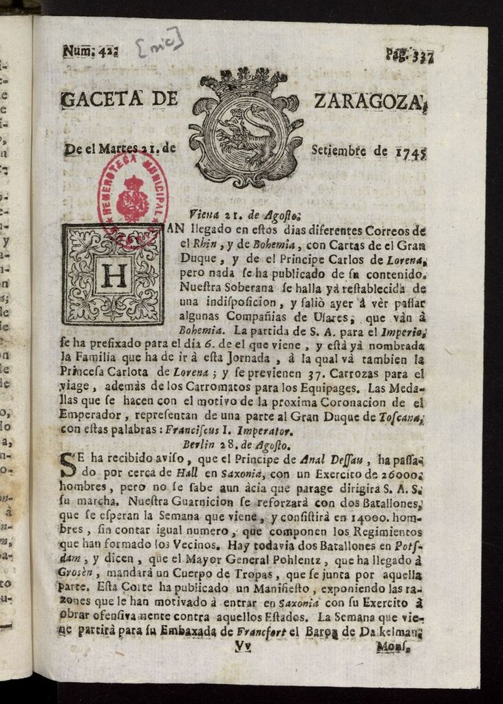 Miniatura de Gazeta de Zaragoza del 21 de septiembre de 1745