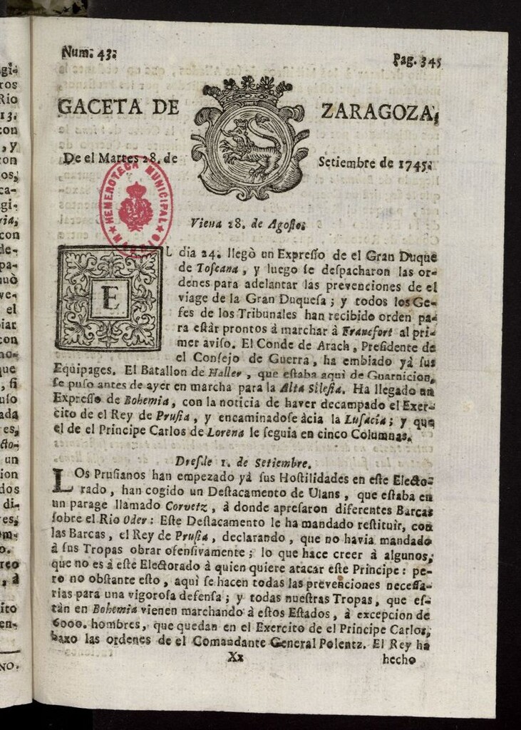 Miniatura de Gazeta de Zaragoza del 28 de septiembre de 1745