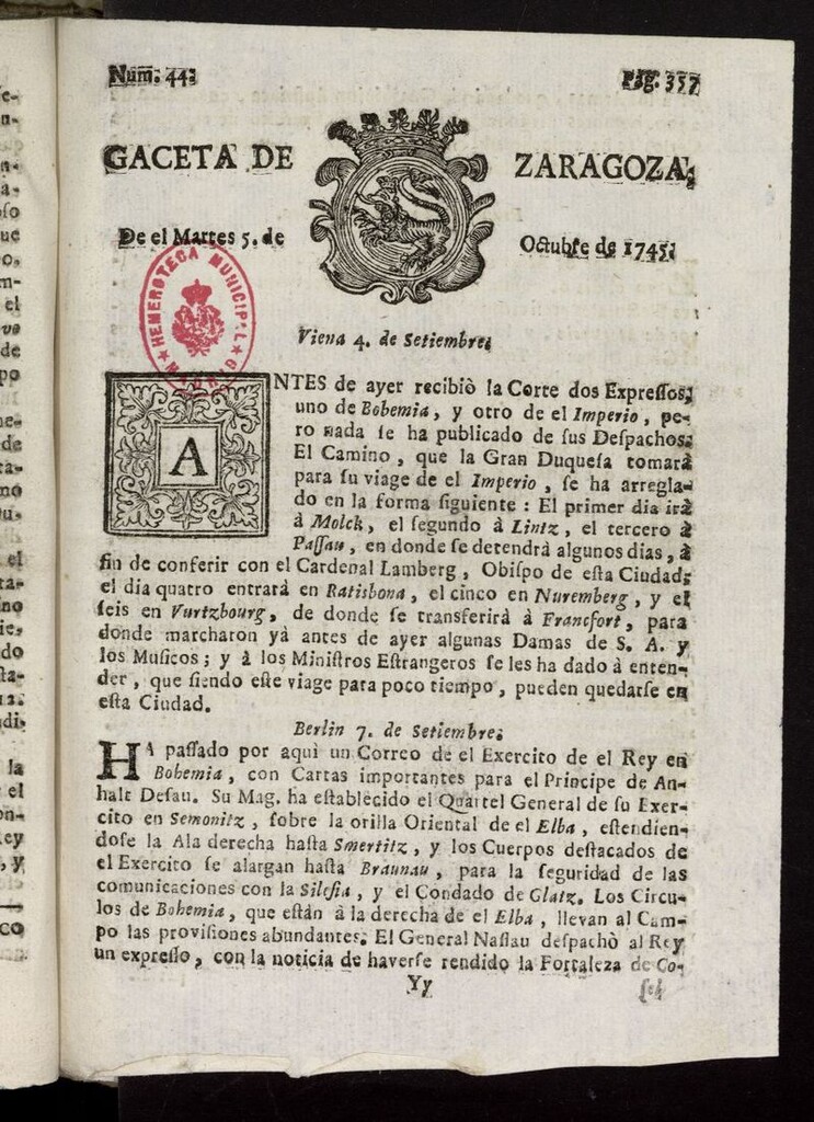 Miniatura de Gazeta de Zaragoza del 5 de octubre de 1745