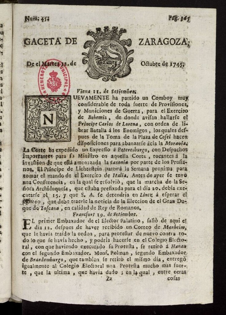 Miniatura de Gazeta de Zaragoza del 12 de octubre de 1745