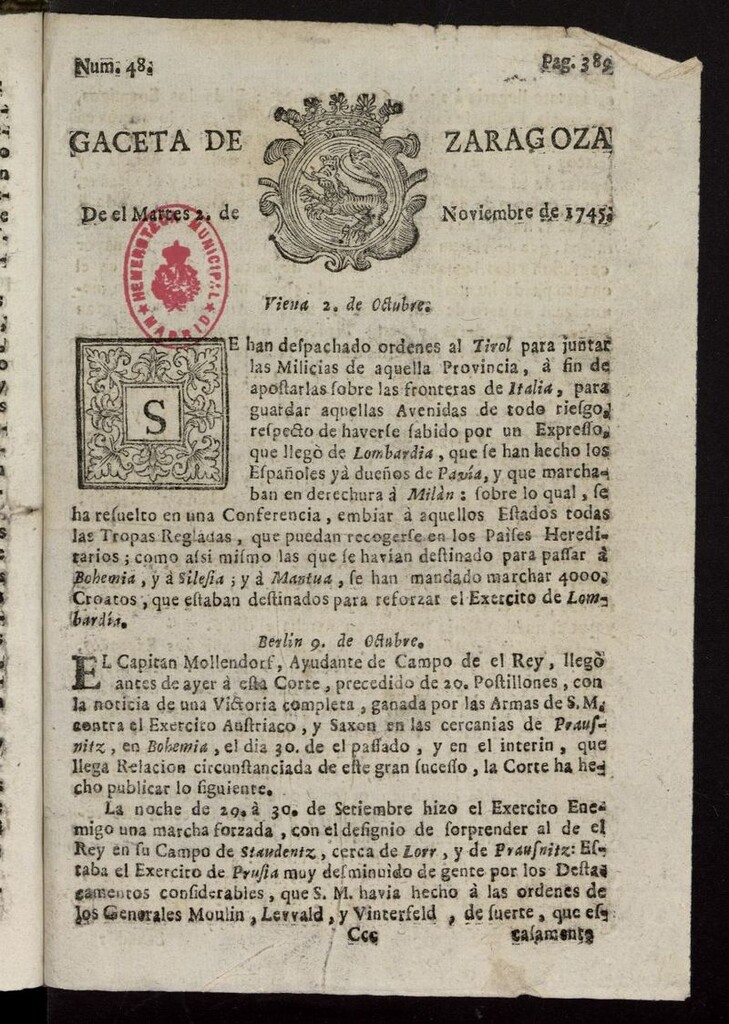 Miniatura de Gazeta de Zaragoza del 2 de noviembre de 1745