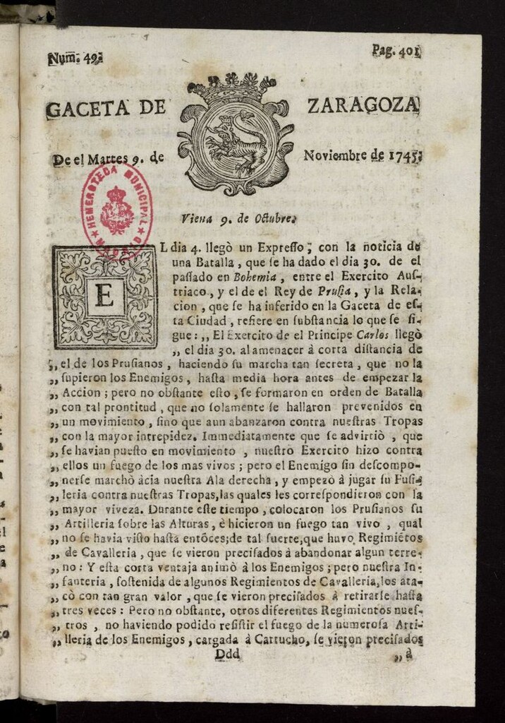 Miniatura de Gazeta de Zaragoza del 9 de noviembre de 1745