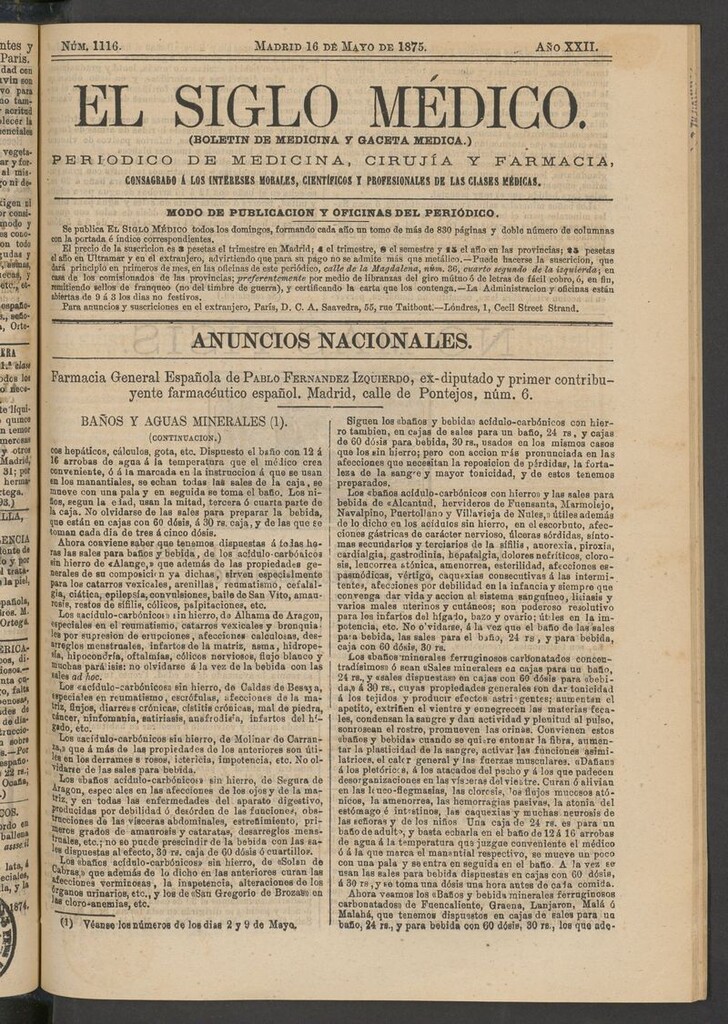 Miniatura de El Siglo Médico: boletín de medicina y gaceta médica del 16 de mayo de 1875