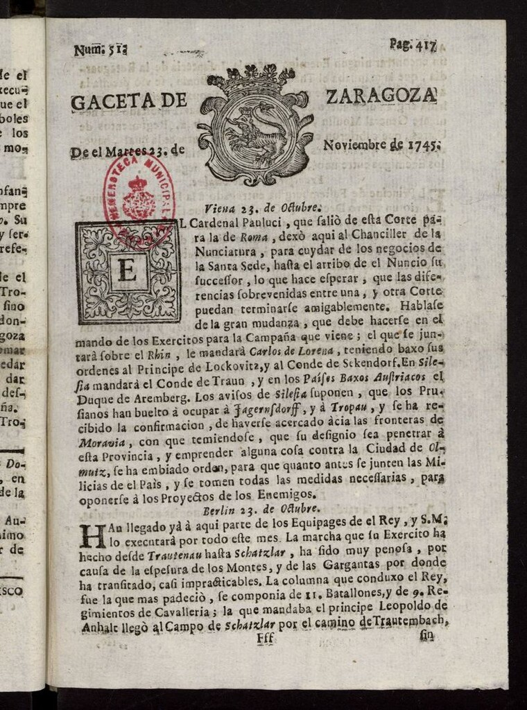 Miniatura de Gazeta de Zaragoza del 23 de noviembre de 1745