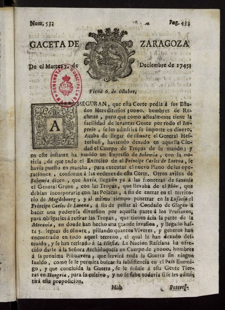 Miniatura de Gazeta de Zaragoza del 7 de diciembre de 1745