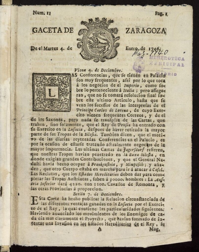 Miniatura de Gazeta de Zaragoza del 4 de enero de 1746