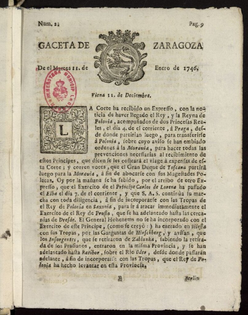 Miniatura de Gazeta de Zaragoza del 11 de enero de 1746