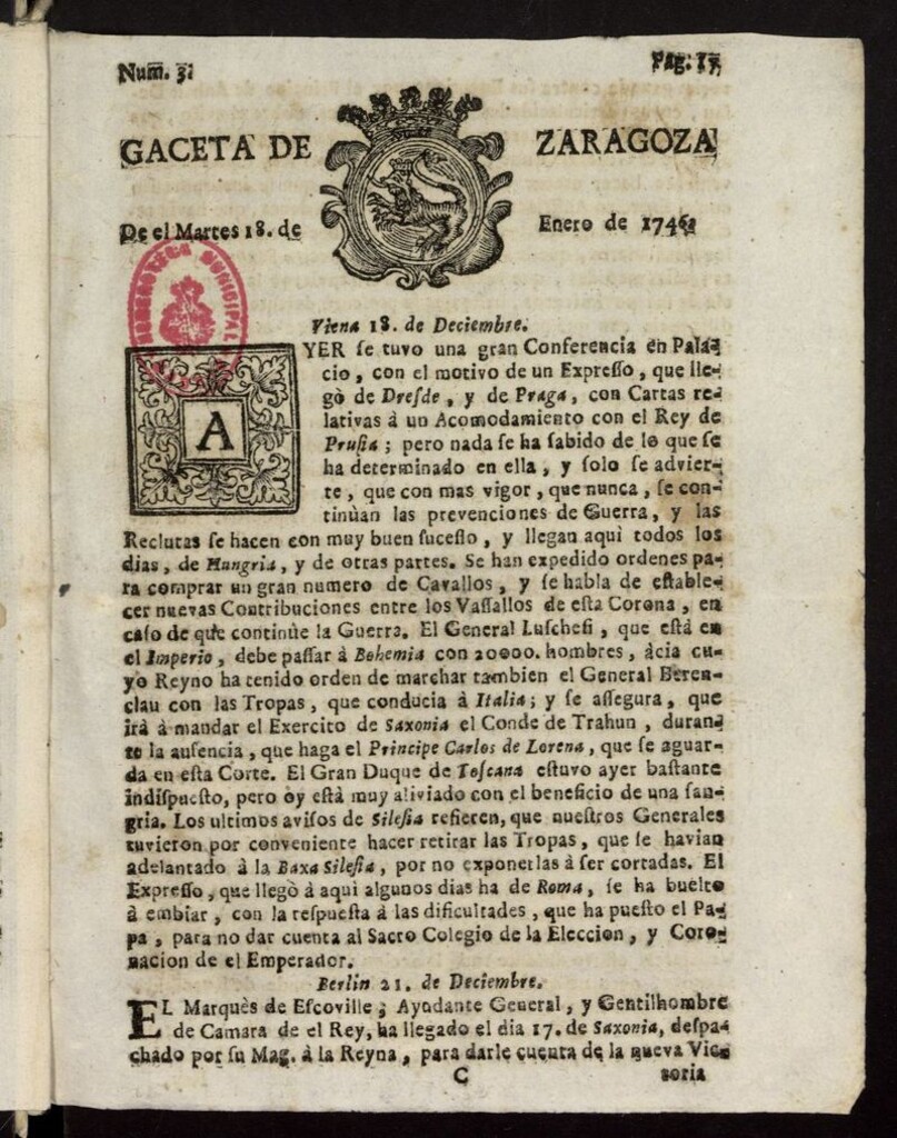 Miniatura de Gazeta de Zaragoza del 18 de enero de 1746
