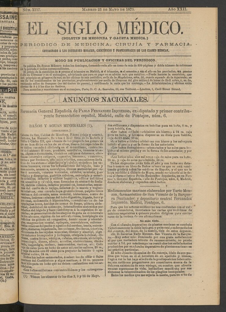 Miniatura de El Siglo Médico: boletín de medicina y gaceta médica del 23 de mayo de 1875